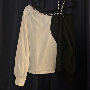 Black and White One-Shoulder Top with Studs